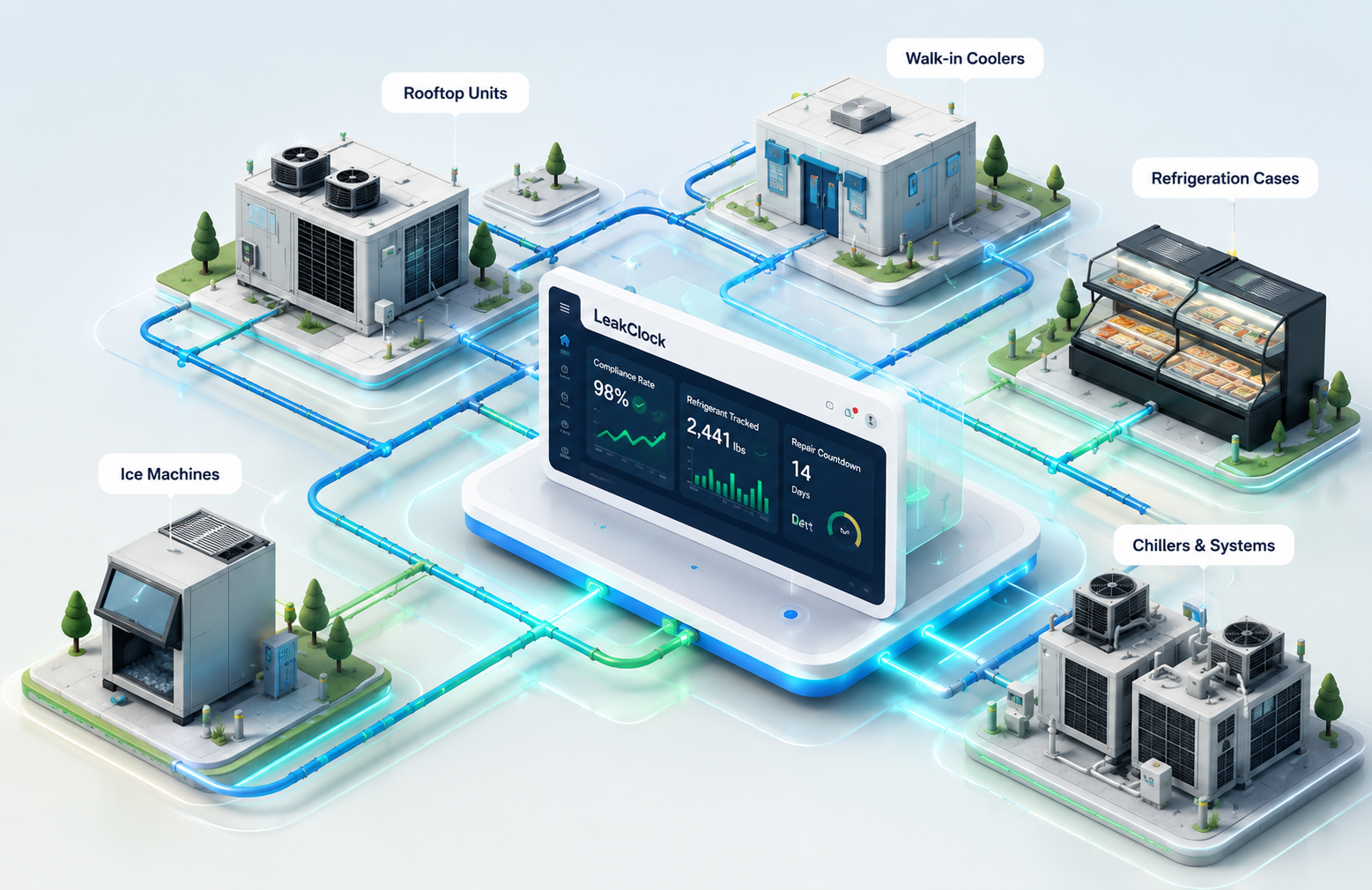 LeakClock connecting rooftop units, walk-in coolers, refrigeration cases, ice machines and chillers to one compliance dashboard